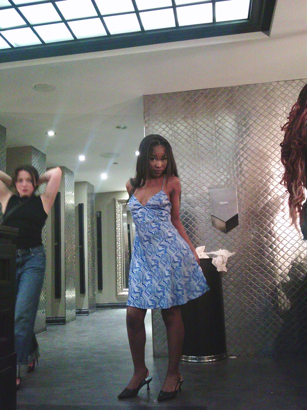 CHANEL Blue Marble-Print Satin Slip Dress